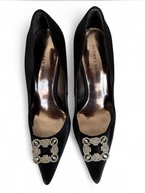 Audrey Brooke Black Pointed Satin Pumps with Crystal Square Buckle